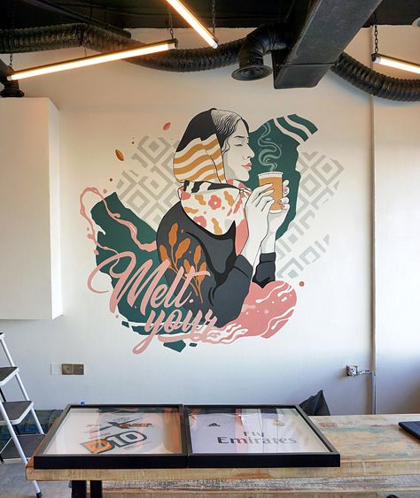 Wall Painting Ideas Cafe, Cafe Painting Ideas, Cafe Wall Art Murals, Cafe Wall Mural, Canvas Drawings For Beginners, Easy Canvas Drawings, Doodle Mural, Drawing Ideas On Canvas, Coffee Mural