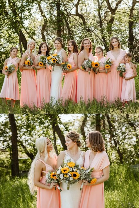 Coral And Sunflower Wedding, Pink With Sunflowers Wedding, Summer Sunflower Wedding Color Schemes, Sunflower Pink And Blue Wedding, Sunflower And Peach Wedding, Light Pink And Sunflower Wedding, Sunflower Pink Wedding, Pink Roses And Sunflowers Wedding, Farm Wedding Bridesmaids