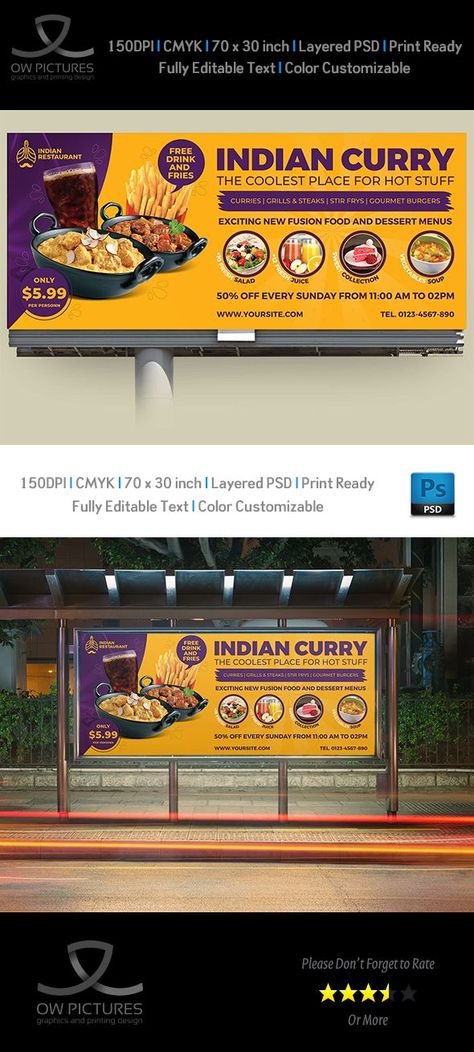 Indian Curry Restaurant Billboard Template was designed for business, it’s professional and eye catching. Attract people to your business with these beautiful outdoor banners!!! Billboard Feature : Fully layered PSD files Easy customizable and editable 70×30 inch (with 2 inch bleeds) CMYK colors 150 DPI resolution Print ready format Eye Catching Banner Design, Banner Design Restaurant, Restaurant Flex Banner Design, Hording Design Restaurant, Food Banners Designs, Bill Board Design Ideas, Editable Menu Template Free, Bilbord Design Graphics, Restaurant Banner Design Ideas