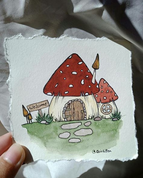 Mushroom house or cob house. Cottagecore art Cute Mushroom House Drawing Easy, Mushroom Drawing Paintings, Mushroom House Painting Easy, Watercolor Art House Easy, Drawing Ideas House Sketch, Creative House Drawing, Easy Mushrooms To Draw, Drawing Mushroom House, Watercolour Drawings Easy