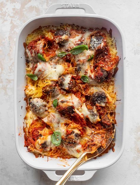 Baked Spaghetti Squash and Meatballs Spaghetti Squash And Meatballs, Buffalo Chicken Spaghetti Squash, Fall Dinner Ideas, Harvest Festivals, Fall Meals, Vegetarian Italian, Baked Spaghetti Squash, Meatball Bake, Seasoned Bread Crumbs