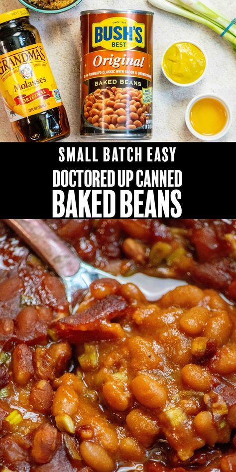 This easy small batch Doctored Up Bush's canned baked beans recipe takes simple canned baked beans to the next level with simple ingredients, and bakes in under 45 minutes! The perfect side dish for your next cookout! Baked Beans For Two, Baked Beans Small Batch, Doctor Up Canned Baked Beans, How To Dress Up Canned Baked Beans, Small Batch Baked Beans, Bush Baked Beans Recipe, Bushs Baked Beans Recipe Easy, Bake Beans Recipe Easy, Crockpot Baked Beans Canned