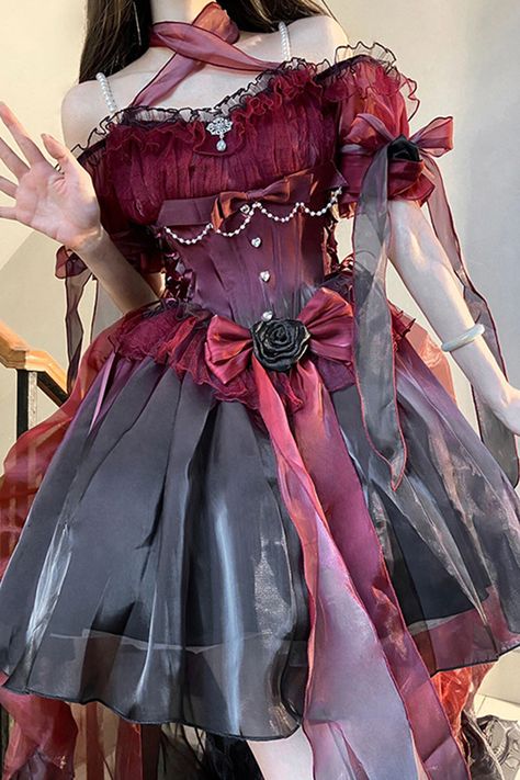 Fabric: Polyester, Lace Color: Wine Red Sleeve Length: Short Sleeves Feature: Ruffle, Hanayome Style: Gothic Clothing Type: Dress Include: Dress*1 (Any of the accessory is not included.) Size (IN) Bust Waist Length S 33.07-34.65 25.98-26.77 32.28 M 34.65-36.22 27.56-28.35 32.28 L 36.22-37.80 29.13-29.92 32.68 XL 37.80-39.37 30.71-31.50 32.68 Size (CM) Bust Waist Length S 84-88 66-68 82 M 88-92 70-72 82 L 92-96 74-76 83 XL 96-100 78-80 83 Off The Shoulder Dress Drawing, Red Gothic Dress Short, Black And Red Rose Dress, Blue And Red Clothes, Pretty Dresses Purple, Gothic Tea Party Outfit, Cute Frilly Dresses, Devil Inspired Outfit, Pirate Aesthetic Clothing