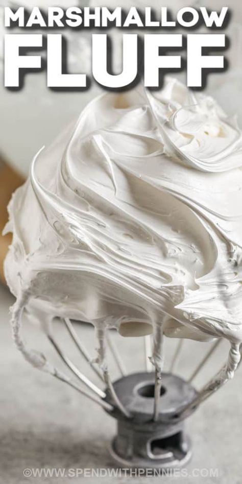 Marshmallow fluff (sometimes known as marshmallow crème) is dippable, spreadable, smooth and creamy! With simple basic pantry ingredients and some egg whites, it's easy to make a light, sweet and creamy fluff to use as a dip for fruit, a frosting for cupcakes, or to swirl into hot chocolate. What a sweet treat! #marshmallowfluff #homemaderecipes #easymarshmallowfluffrecipe #spendwithpennies Marshmellow Icing, Marshmallow Fluff Recipe, Marshmallow Crème, Frosting For Cupcakes, Dip For Fruit, Marshmallow Fluff Frosting, Marshmallow Fluff Recipes, Homemade Marshmallow Fluff, Homemade Marshmallow