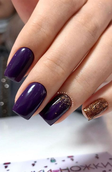 47 Beautiful Nail Art Designs & Ideas : Purple and gold nails Purple And Gold Nails, Dark Color Nails, Beautiful Nail Art Designs, Gold Manicure, Dark Purple Nails, Plum Nails, Violet Nails, Gold Acrylic Nails, Purple Nail Art