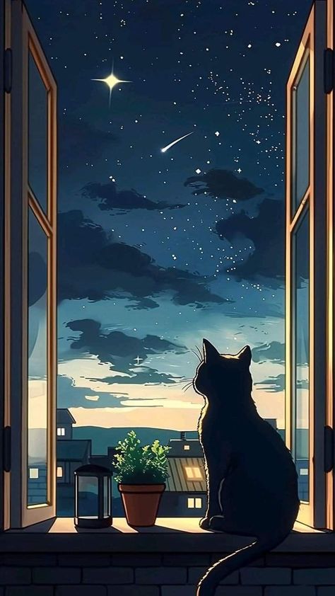 Kawaii Black Cat, Cat Phone Wallpaper, Art Gallery Wallpaper, Arte Inspo, Dessin Adorable, Art And Illustration, Pretty Wallpapers Backgrounds, Cat Wallpaper, Anime Scenery Wallpaper