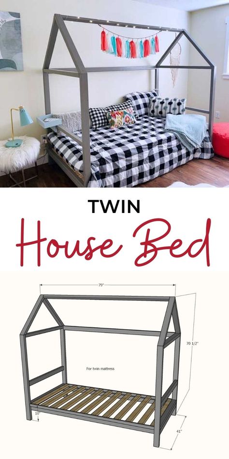 Twin Size House Bed, Twin Size Floor Bed Plans, Twin Bed Frame Diy Kids, Twin Tent Bed Diy, Twin Bed Diy Frame, Twin House Beds, Cool Twin Bed Ideas, Wooden Twin Bed Frame Diy, Wood Twin Bed Frame