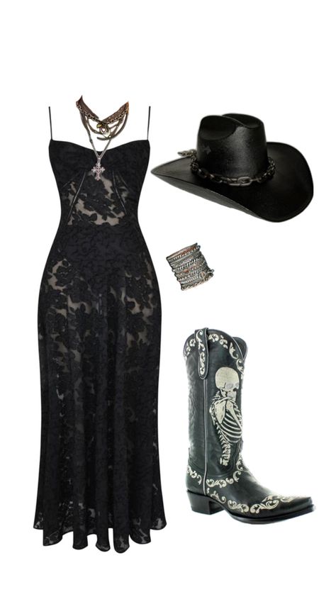 Goth girl cowgirl goth country outfit inspo all black country concert festival outfit inspo western Cowgirl Goth, Black Western Outfit, Concert Festival Outfit, Country Aesthetic Outfit, Goth Country, Black Cowgirl Outfit, Outfit Inspo Western, Gothabilly Fashion, Rock Festival Outfit