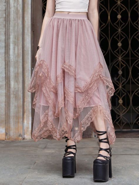 ROMWE Goth Contrast Lace Asymmetrical Hem Mesh Skirt Fairy Skirt, Rock Outfit, Cyndi Lauper, Mesh Skirt, Mori Girl, Mode Inspo, Pink Skirt, Inspired Outfits, Looks Style