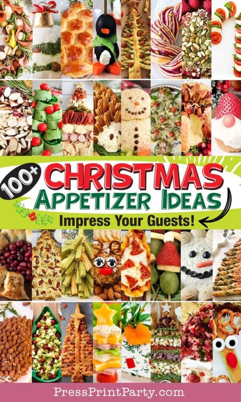 100 fun and easy appetizers for a Christmas party. The Christmas season is synonymous with food in the shape of trees, stars, snowmen, and other holiday motifs. Find the perfect easy Christmas appetizers for a party to remember. Christmas party appetizer ideas and recipes. Impress your guests with fun holiday appetizers - bread, puff pastry, charcuterie boards, savory dips, sweet dips, salads, cheese balls, cookies, desserts. Christmas party buffet food ideas - Press Print Party! Christmas Appetizer Ideas, Christmas Party Buffet, Appetizers Appetizers, Christmas Party Snacks, Best Holiday Appetizers, Christmas Appetizers Easy, Christmas Appetizer, Christmas Buffet, Holiday Appetizers Recipes