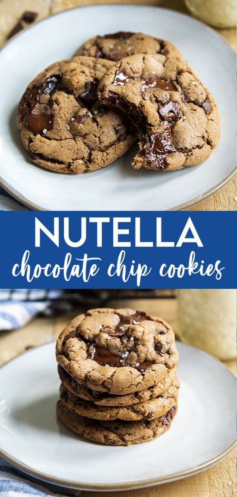 These Nutella chocolate chip cookies are delicious, chewy, Nutella based cookies loaded with chocolate chips. Chewy Nutella Cookies, Nutella Soft Cookies, Nuttela Cookies Recipes, Stuffed Nutella Cookies, Chocolate Chip Cookies With Nutella, Cookies With Nutella Recipes, Baking Recipes Nutella, Chocolate Chips Desserts, Cookie With Chocolate In Middle