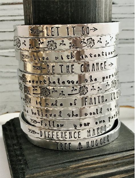 Mountains are Calling & I Must Go Hand Stamped Aluminum Cuff | Etsy Metal Stamped Bracelet, Metal Stamping Diy, Jewelry Stamping, Hand Stamped Cuff Bracelet, Silversmithing Jewelry, Cricket Projects, Hand Stamped Ring, Handstamped Bracelet, Silver Cutlery