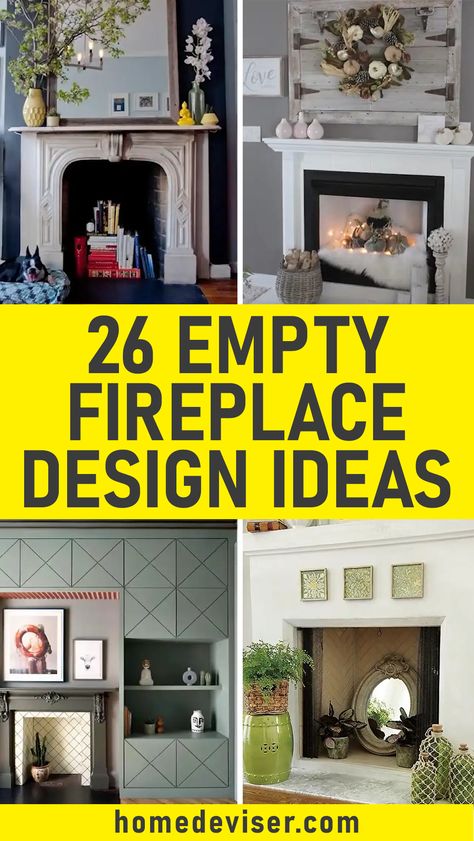 26 Creative Empty Fireplace Design Ideas! Embrace the warmth of a rustic aesthetic with these 26 captivating empty fireplace design ideas. Explore cozy decor and timeless inspiration for your home. #RusticDecor #FireplaceInspo Capped Fireplace Ideas, Old Fireplace Ideas Living Room, Out Of Use Fireplace Ideas, Covering Old Fireplace, Converted Fireplace Ideas, Around The Fireplace Decor, Decorations Around Fireplace, Faux Fire In Fireplace, Non Fireplace Mantle Ideas