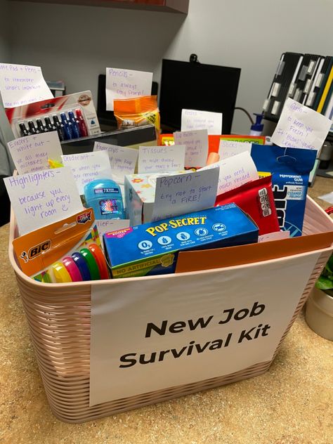 Co-worker leaving for a new job? Send them off with the tools they need for success! Add some inside jokes or favorite items and bam! here come the water works 🥲 New Job Survival Kit For Her Gift Baskets, Gifts For Coworker Leaving Job, Gift For Friend Leaving Job, New Job Care Package Gift, Farewell Gift Basket For Coworker, Co Worker Last Day Gift, Coworker Leaving Party Ideas, New Job Care Package, Work Promotion Gift Basket