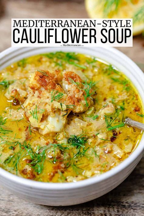 This cauliflower soup with cumin, turmeric, paprika, fresh dill, and whole milk is a lighter flavor-rich approach to roasted cauliflower soup. No heavy cream needed. Roasted Cauliflower Soup, Cauliflower Soup Recipes, The Mediterranean Dish, Easy Mediterranean Diet Recipes, Cauliflower Soup, Mediterranean Dishes, Easy Soups, Easy Soup Recipes, Fresh Dill