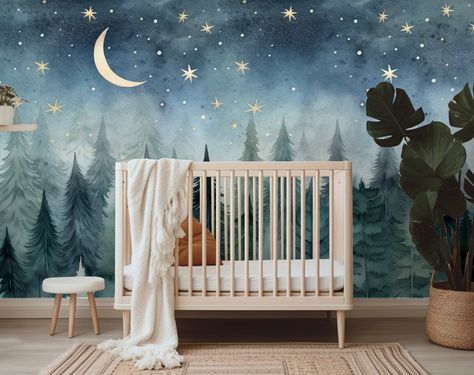 Night Forest Nursery, Night Nursery Theme, Night Sky Nursery Theme, Night Sky Bedroom, Starry Night Nursery, Night Sky Nursery, Galaxy Nursery, Celestial Nursery, Colourful Nursery