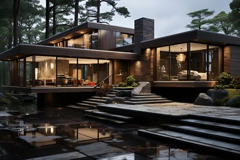 #mansion #modern #nature #forest #4k #rainforest #plant #modernmansion #desingn #moderndesign #interior #interiordesign #outdoor #outdoordesign #jungle #dream #dreamhouse #house #home #dreamhome #fancy #beautiful Dark Themed House Exterior, Forest House Aesthetic Interior, Black Modern House In The Woods, Modern Mansion In The Woods, Modern House Forest, Forest House Mansion, Modern Forest House Exterior, Forest House Modern, Dark Modern Mansion