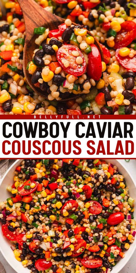 This Cowboy Caviar Couscous Salad is loaded with tender pearl couscous and a vibrant combination of diced vegetables and beans that’s tossed in a garlicky-lemon vinaigrette. It’s a quick and easy satisfying salad perfect for any get-together, and also great as a family dinner side. Couscous Main Dish Recipes, Cowboy Caviar Couscous Salad, Italian Couscous Recipes, Easy Couscous Salad, Pearl Couscous Salad Recipes, Couscous Pearl Recipes, Pearl Couscous Recipes Dinner, Healthy Couscous Recipes, Coucus Recipes