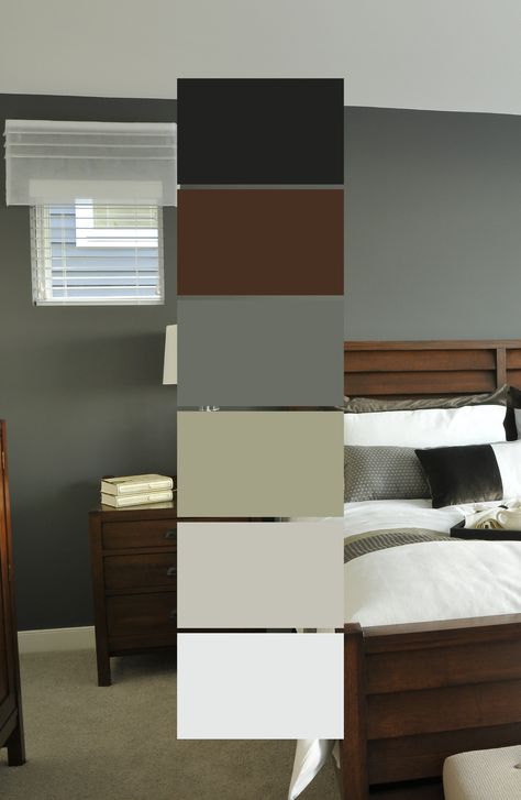 Bedroom Colour With Brown Furniture, Gray Green Black Color Palette, Room Colour Aesthetic, Gray White Brown Bedroom, Wall Colour For Brown Furniture, Brown Bedroom Furniture Colour Schemes, White Gray And Brown House Interior, Bedroom Color Palette Grey, Dark Wood Color Palette Bedroom