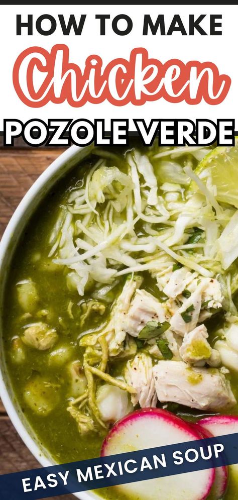 Dive into the rich flavors of Mexico with this Easy & Homemade Chicken Verde! A simple green pozole recipe that's sure to impress with its simmered-to-perfection goodness. This dish is both delicious and easy, making it perfect for anyone wanting to explore authentic Mexican cuisine. Made right on your stove top—no fuss, no frills, but all the scrumptious taste! Try making this pozole verde de pollo today. Guaranteed to satisfy your culinary cravings! Easy Green Posole Recipe, Green Chilies Chicken, Chicken Posole Verde Recipe, Easy Green Pozole Recipe Chicken, Easy Chicken Pozole Verde, Green Chicken Pozole Recipe Crock Pot, Mexican Chicken Pozole Verde, Crockpot Chicken Pozole Verde, Green Chili Chicken Posole Pozole Recipe