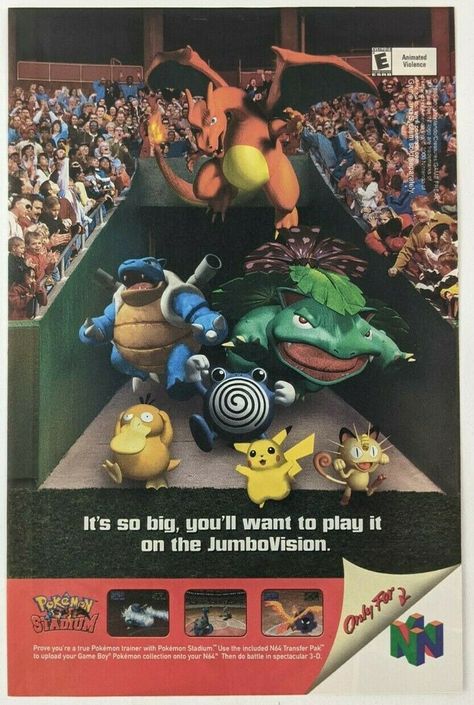 Pokemon Stadium Nintendo 64 Print Ad Game Poster Art PROMO Official N64 Pikachu Location: Mesa, Arizona, US, Raikou Pokemon, Pokemon Stadium, Video Game Magazines, Retro Games Poster, Pokemon Poster, Gold Pokemon, Retro Gaming Art, Ad Poster, Video Game Posters