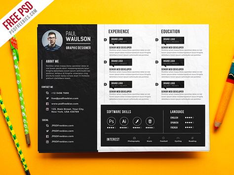 Free PSD : Creative Horizontal CV Resume Template PSD Landscape Cv Design, Cv Landscape, Best Free Resume Templates, Cv Original, Free Resume Examples, Graphic Design Cv, Creative Cv Template, Cv Design Template, Resume Design Professional