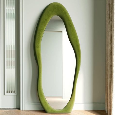 Honyee Full Length Mirror, 63" x 24" Wall Mirror, Flannel Wrapped Wooden Frame Floor Mirror, Irregular Wavy Mirror Hanging or Leaning Against Wall for Cloakroom/Bedroom/Living Room, Green Mirror Floor, Wavy Mirror, Salon Suites, Mirror Hanging, Apartment Decor Inspiration, Length Mirror, Green Rooms, Full Length Mirror, Mirrors Wayfair