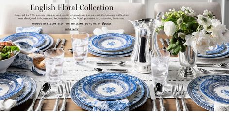 English Floral Collection French Country Table, Blue And White Dinnerware, Kids Pottery, Blue Transferware, Class Design, Geometric Motifs, White Table Cloth, Bar Glassware, Plates Set