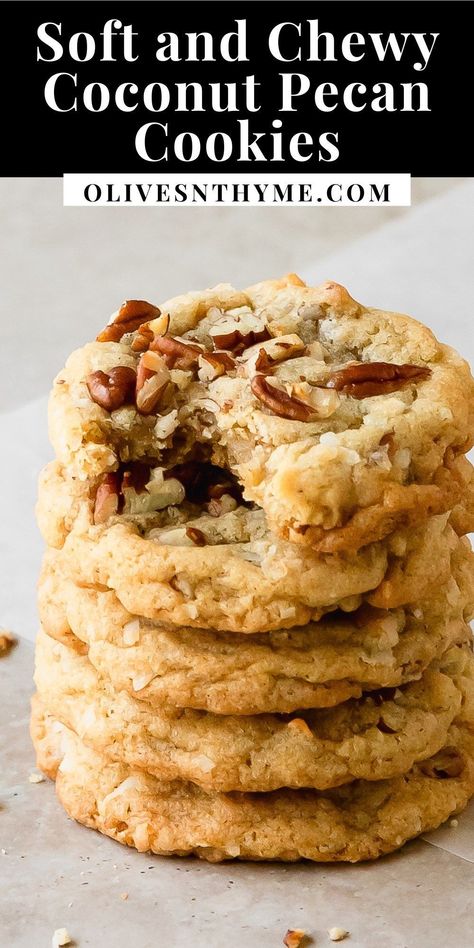 Coconut pecan cookies are soft, chewy and buttery sugar cookies filled with shredded coconut and toasted pecans. What I love most about this coconut pecan cookie recipe is that it’s almost no chill and is easy to make in one bowl. These pecan coconut cookies are the perfect cozy cookie to enjoy all year. Coconut Almond Cookies Recipes, Coconut Key Lime Cookies, Carolina Coconut Cookies, Mixed Nut Cookies, Calypso Crunch Cookies, Coconut Cream Pudding Cookies, Chewy Coconut Pecan Cookies, Pecan And Coconut Cookies, Cake Mix Coconut Cookies