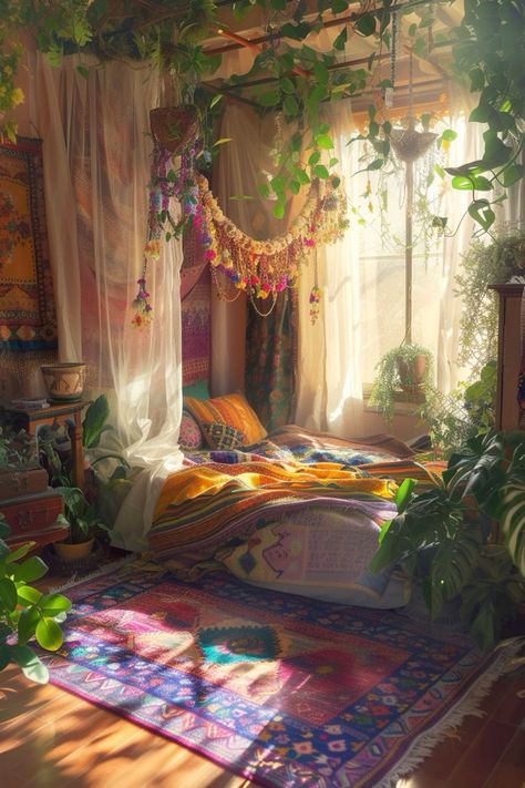 Magic Home Aesthetic, Colourful Boho Bedroom, Flowy Curtains, Rustic Wooden Floor, Fairy Core Room, Fairytale Room, Vines Hanging, Jungle Theme Party, Fake Vines