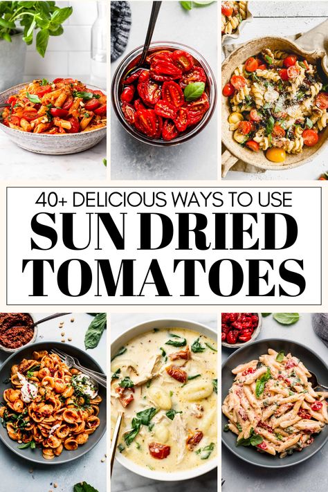 If you have a jar of sun dried tomatoes to use up, I’ve got you covered with amazing collection of 40+ delicious sun dried tomato recipes! // PASTA // VEGETARIAN // APPETIZERS // VEGAN Sundried Tomato Salad, Dried Tomatoes Recipes, Recipe For Sun Dried Tomatoes, How To Use Sun Dried Tomatoes, Pasta And Sundried Tomatoes Recipes, Using Sun Dried Tomatoes, Recipes Using Sun Dried Tomatoes, Sun Dried Tomato Recipes In Oven, Sun Dried Tomatoes Recipes