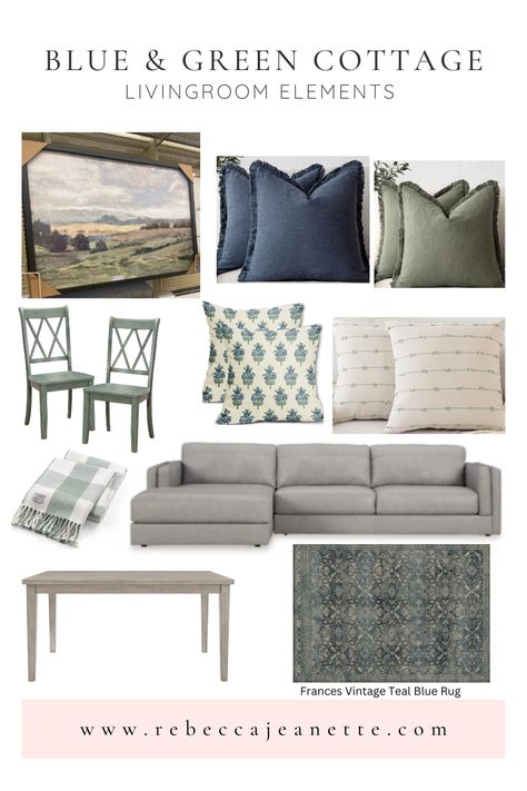 Blue And Green Cottage Living Room, Sage Green And Navy Blue Interior, Navy Gray Sage Living Room, Blue Green Gray Brown Living Room, Navy Blue And Green Living Room Decor, Decorating With Blues And Greens, Green Blue Living Room Decor, Light Blue Green Living Room, Olive And Blue Living Room