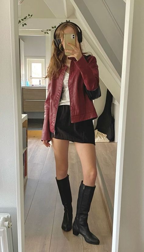 Leather Girl Jacket Outfit, Dark Red Fall Outfits, Leather Red Skirt, Cherry Red Autumn Outfits, Red Jacket Fall Outfit, Black And White Leather Jacket Outfit, Dark Red Fall Aesthetic, Leather Red Skirt Outfit, Cherry Jacket Outfit