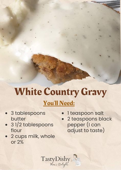 Black Pepper White Gravy, White Country Gravy Recipe Easy, Milk Gravy Recipe Country, How To Make Gravy With Flour, Easy Country Gravy, White Gravy From Scratch, White Pepper Gravy Recipe, Homemade Country Gravy Recipe, Country Gravy Mix Recipe