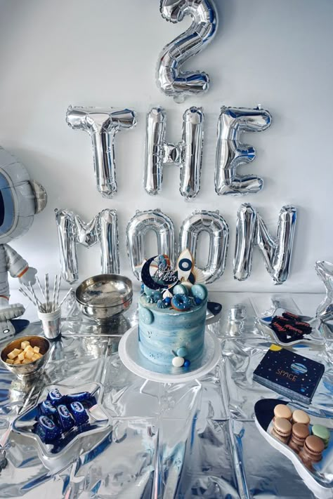 Two Space Birthday Party, Two The Moon Birthday Decor, Space 2nd Birthday, Birthday Party Astronaut, Two The Moon And Back Birthday, Two The Moon Birthday Party Twins, To The Moon Party Theme, 2 The Moon Birthday, To The Moon And Back Party Theme