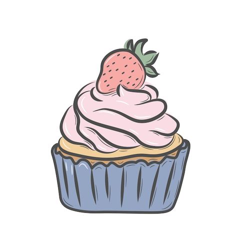 Cupcake Digital Art, Sweet Drawing Ideas, Strawberry Cupcake Drawing, Drawings Of Cupcakes, Cupcake Cakes Drawing, Sweet Food Drawing, Cupcake Drawing Aesthetic, Simple Cupcake Drawing, Cartoon Desserts Drawings