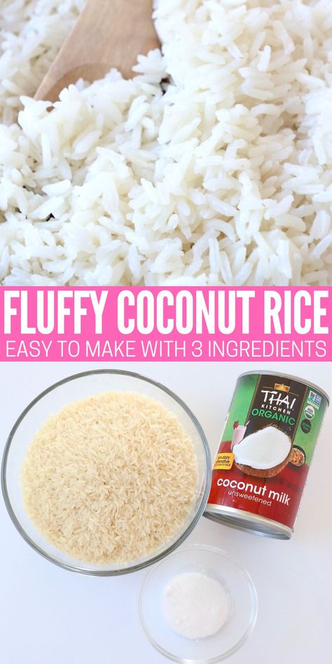 Learn how to make fluffy coconut rice on the stove or in an Instant Pot with white rice and coconut milk! This recipe is simple and delicious paired with Thai, Indian or Caribbean cuisines. Coconut Rice In Instant Pot, Fluffy Coconut Rice, Thermomix, Essen, Coconut Instant Rice, Rice In Coconut Milk, Coconut White Rice Recipe, Coconut Jasmine Rice Rice Cooker, Rice And Coconut Milk Recipe