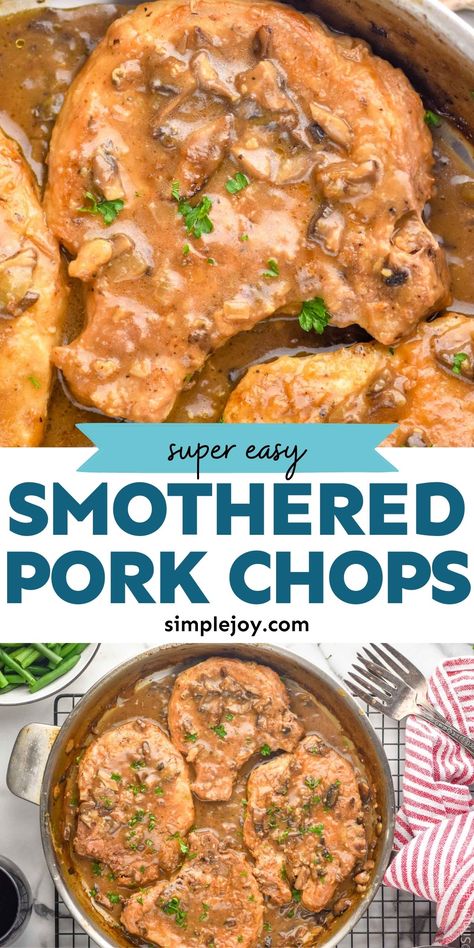 These Smothered Pork Chops are perfect comfort food. Made with simple ingredients and a delicious mushroom gravy, you'll love this great dinner! Mushroom Gravy Pork Chops, Smothered Pork Chops Crock Pot, Mushroom Soup Pork Chops, Pork Crock, Smothered Pork Chops Recipe, Easy Gravy Recipe, Crock Meals, Mushroom Pork Chops, Pork Chops And Gravy