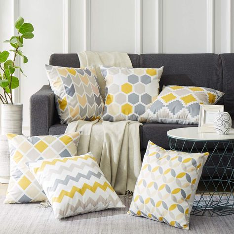 Yellow Cushion Covers, Cheap Cushion Covers, Yellow Decorative Pillows, Grey Cushion Covers, Grey Sofa, Geometric Cushions, Bantal Sofa, Yellow Pillows, Grey Home Decor