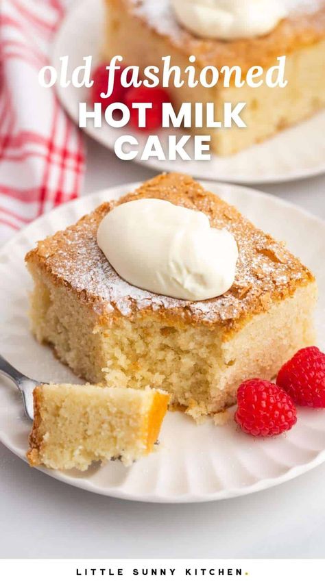 An old-fashioned recipe for the most tender and delicious Hot Milk Cake! It's just like grandma used to make, and melt-in-your-mouth amazing Scalded Milk Cake, Old Fashion Hot Milk Cake, Baked Milk Recipes, Grandma Cake Recipes, Sweet Tea Cake, Single Cake Recipe, Easy Hot Dessert Recipes, Hot Milk Recipes, Dessert Recipes Using Milk