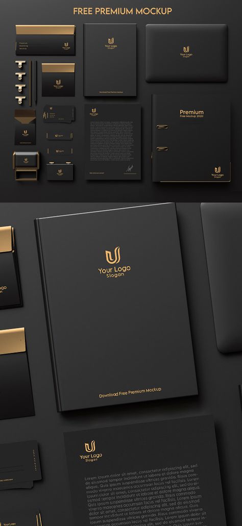 Branding Template Free, Brand Mockup Free, Gold And Black Branding, Dark Stationary, Dark Brand Identity, Business Card Mockup Free Psd, Dark Branding Design, Logo Mockup Free Psd Download, Black Gold Branding