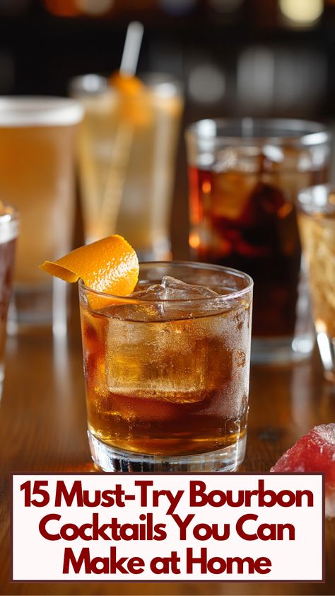 A variety of bourbon cocktails on a wooden table, including an Old Fashioned garnished with an orange peel, ready to be served at home. Bourbon Pairings, Bourbon Whiskey Cocktails, Cocktail With Bourbon, Drinks With Bourbon, Masculine Cocktails, Bourbon Drink, Easy Burbon Drinks, Bourbon Drinks Cocktails, Bourbon Recipes Drink