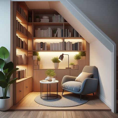 Neglected Nooks: Creative Solutions for Tricky 'Dead Spaces' in Your Home — Michael Helwig Interiors The Nook Interior Design, Bookshelves With Table, Slanted Ceiling Nook, Unique Bookcase Ideas, Small Library With Ladder, Secret Library Room Bookcase Door, Library In Office Space, Reading Nook For Adults Cozy Corner, Corner Book Shelf Ideas Aesthetic