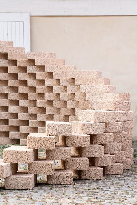 hemp brick installation by park associati explores bio-based materials in architecture Sustainable Materials Architecture, Brick Installation, Hemp Art, Aluminum Sheet Metal, Brick Projects, Sustainable Building Materials, Pavilion Architecture, Brick Arch, Architecture Design Drawing