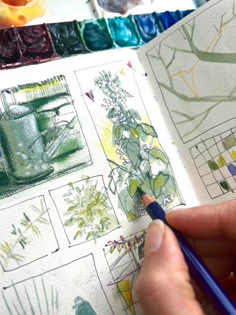 Drop in and Draw: The Story of Your Garden Sketchbook Nature Ideas, Artist Journal Sketchbooks, Tutorials Drawing, Nature Sketchbook, Drawing Pictures, Plants Sketchbook, Garden Drawing Watercolour, Green Sketchbook Page, Plant Sketchbook Page