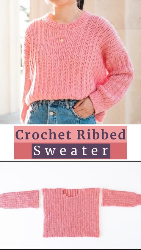 Pink Sweater Crocheting For Free - Crocheted World Crochet Ribbed Sweater, Crochet Jumper Pattern, Easy Crochet Slippers, Cardigan Au Crochet, Crochet Sweater Free, Jumper Pattern, Gilet Crochet, Crochet Jumper, Pull Crochet