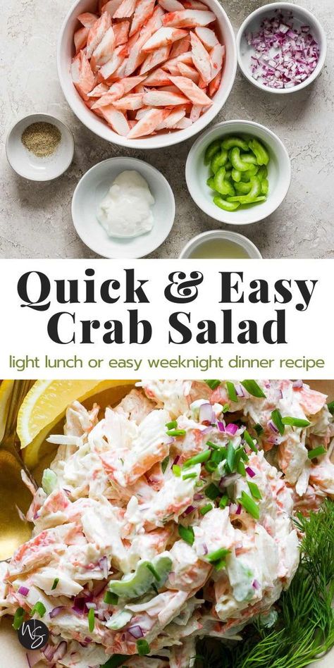 Our quick and easy Crab Salad is the perfect light lunch or easy weeknight dinner! Made with flaky crab meat, a creamy base, fresh herbs, and seasonings that bring all the best flavors. This seafood salad recipe has been a crowd favorite for years! Serve on its own, scoop it up with crackers, or turn it into a sandwich! This recipe is gluten-free and ready in 15-minutes! Best Crab Salad Recipe, Easy Crab Salad, Crab Salad Sandwich, Crab Meat Salad, Seafood Salad Recipe, Crab Pasta, Crab Salad Recipe, Sea Food Salad Recipes, Crab Meat Recipes