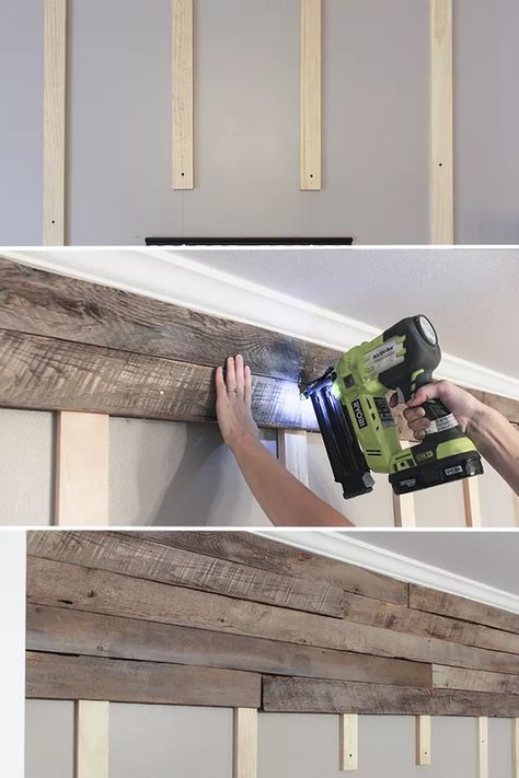 How to Create a Wood Pallet Accent Wall | Hunker Unfinished Basement Bedroom, Pallet Accent Wall, Wood Wall Bathroom, Wood Pallet Wall, Plank Walls, Pallet Decor, Pallet Wall, Wood Ideas, Diy Home Decor Bedroom