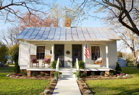 North Carolina Cotton Mill Village House Exterior with Two Front Doors and Metal Roof North Carolina Cottage, Coral Front Doors, Bold Front Door Colors, Small House Renovation, Florida Cottage, Old Homes, Cotton Mill, Georgian Architecture, Cabin Interiors