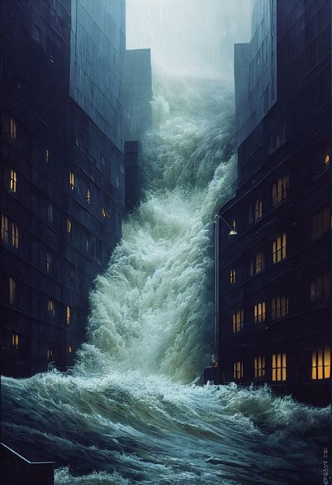 Water Flood Aesthetic, Flooded City Concept Art, Flooded City Aesthetic, Floods Drawing, Dam Breaking, Flood Aesthetic, Dam Aesthetic, Floods Pictures, Water Concept Art